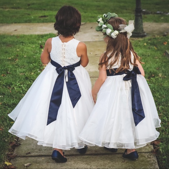 Ivory flower girl dress with navy sash - Picture 2 of 3